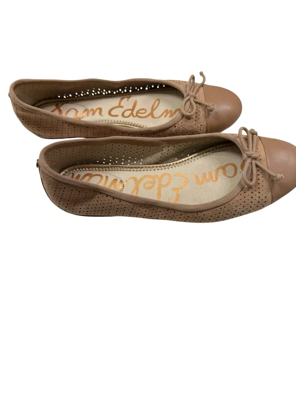 Sam Edelman Tan Perforated Suede & Leather Ballet Flats with Bow